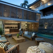 View of wooden deck with outdoor furniture and estate, home, interior design, outdoor structure, patio, real estate, roof, brown, teal