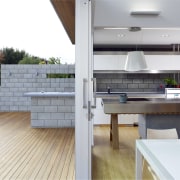 This kitchen features Stainless Steel benchtops. It was architecture, countertop, floor, house, interior design, kitchen, real estate, white, gray