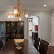 Arched openings. Red splash back. Limestone floors. White ceiling, dining room, estate, hardwood, home, interior design, living room, lobby, property, real estate, room, wall, gray