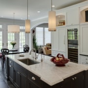 Arched openings. Red splash back. Limestone floors. White cabinetry, countertop, cuisine classique, interior design, kitchen, room, gray