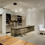 View of contemporary kitchen. - View of contemporary countertop, floor, interior design, kitchen, living room, gray