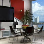 Interior view of contemporary apartment with red feature furniture, interior design, living room, product design, table, gray, black