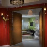 View of doorway into lounge area. - View architecture, ceiling, interior design, lobby, room, wall, brown, red