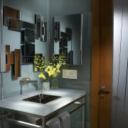 View of bathroom with mirror feature. - View bathroom, bathroom accessory, cabinetry, countertop, home, interior design, kitchen, room, sink, black, gray