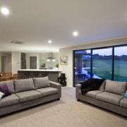 View of lounge with grey couches. - View home, interior design, living room, property, real estate, room, gray