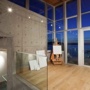 View of landing area with wooden flooring. - architecture, ceiling, daylighting, floor, flooring, hardwood, home, house, interior design, laminate flooring, loft, wall, window, wood, wood flooring