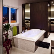 View of contemporary bathroom with dark cabinets - bathroom, interior design, room, suite, red