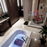 View of contemporary bathroom with dark cabinets - bathroom, home, interior design, property, room, gray, black