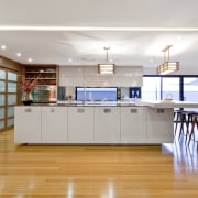 Wood floors. Natural tones. Japanese inspiration. Remodelled kitchen. ceiling, floor, flooring, hardwood, interior design, kitchen, real estate, room, wood, wood flooring, gray