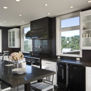 Euro style cabinetry doors. Dark quartzite counter tops. ceiling, countertop, cuisine classique, interior design, kitchen, room, gray, black