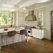 Floors stained rich dark mahogany.  Eating island. cabinetry, ceiling, countertop, cuisine classique, floor, flooring, hardwood, home, interior design, kitchen, laminate flooring, real estate, room, tile, window, wood flooring, gray, brown