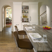 Floors stained rich dark mahogany. - Floors stained countertop, dining room, floor, flooring, furniture, interior design, kitchen, living room, room, table, wood flooring, gray, brown