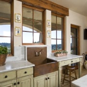 View of cleaning space. Small work bench, Architect bathroom, cabinetry, countertop, cuisine classique, home, interior design, kitchen, room, window, brown