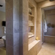 This master suite was designed by Martin Horner bathroom, floor, flooring, interior design, room, tile, wall, brown