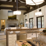 Stone chimney. Italianate villa. Kitchen at one end countertop, interior design, kitchen, brown, gray