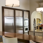 Stone chimney. Italianate villa. Kitchen at one end cabinetry, countertop, cuisine classique, home, interior design, kitchen, room, brown, gray