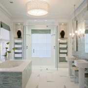 This bathroom, designed by Jamie Drake of Drake bathroom, ceiling, estate, floor, flooring, home, interior design, property, real estate, room, tile, window, gray