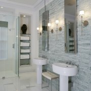 This bathroom, designed by Jamie Drake of Drake bathroom, ceiling, floor, flooring, home, interior design, room, tile, gray