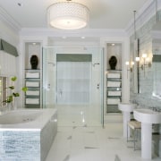 This bathroom, designed by Jamie Drake of Drake bathroom, ceiling, floor, home, interior design, plumbing fixture, room, tile, gray