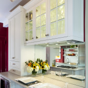 Black porcelain floor tiles. Red accenting walls. Carra cabinetry, ceiling, countertop, cuisine classique, home, interior design, kitchen, room, window, gray