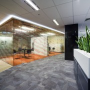 View of one of the multiple "quiet rooms" architecture, ceiling, daylighting, floor, flooring, glass, interior design, lobby, real estate, wall, gray