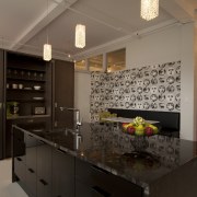 Designer Sandra Banks.Upmarket kitchen. Titanium granite bench top. cabinetry, countertop, interior design, kitchen, real estate, room, black, brown