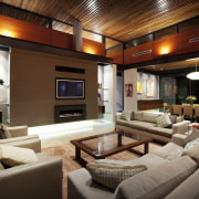 High clerestory windows are a feature of this ceiling, interior design, living room, real estate, room, brown