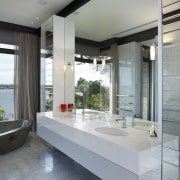 This master suite in a contemporary new house architecture, house, interior design, window, gray