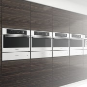 View of modern kitchen fitted with Kleenmaid appliances. floor, furniture, product design, shelving, white, black