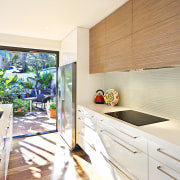 View of kitchen featuring wood floors, white bench ceiling, countertop, home, house, interior design, property, real estate, room, white