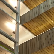 View of the interior of the Vogel Center angle, architecture, beam, ceiling, daylighting, interior design, light, line, plywood, stairs, wood, wood stain, brown, orange