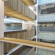View of the interior of the Vogel Center architecture, daylighting, shelf, shelving, gray