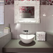 Bathroom with flower patterned wall, mirror with thick bathroom, ceiling, ceramic, floor, flooring, interior design, product design, room, sink, tile, wall, gray, black