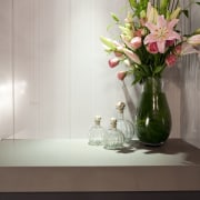 Bathroom vanity with grey benchtop and vase of artificial flower, cut flowers, flora, floral design, floristry, flower, flower arranging, flower bouquet, flowerpot, interior design, petal, plant, still life photography, vase, gray