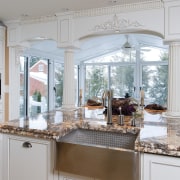 Traditional feel. Cabinetry and storage. Hand-crafted. countertop, cuisine classique, home, interior design, kitchen, room, window, gray