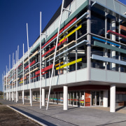 View of Claudlands Arena, Hamilton. - View of architecture, building, commercial building, corporate headquarters, facade, headquarters, metropolitan area, mixed use, sky, structure, blue