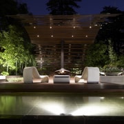 View of "Reflections" a landscape by Designer Dean architecture, landscape lighting, lighting, night, reflection, water, water feature, black, brown