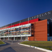 External View of Claudlands Arena in Hamilton. - architecture, building, commercial building, convention center, corporate headquarters, facade, headquarters, metropolitan area, mixed use, real estate, sky, sport venue, structure, blue