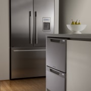 View of kitchen featuring appliances from Fisher &amp; floor, home appliance, interior design, kitchen, kitchen appliance, major appliance, product design, refrigerator, gray, brown