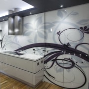 View of kitchen with wood floors featuring products ceiling, design, glass, interior design, product design, gray