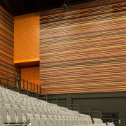 View of tiered seating area in Hamitlon's Claudlands architecture, auditorium, ceiling, daylighting, facade, interior design, light, lighting, line, material, performing arts center, wall, window, window covering, wood, brown, orange