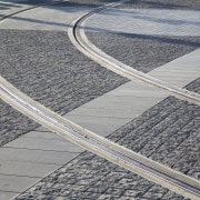 Tram tracks in Wynyard Quarter, Auckland - Tram asphalt, fixed link, infrastructure, lane, line, road, road surface, track, gray