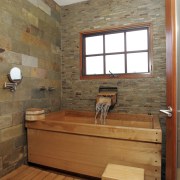 This bathroom was the winner of the large bathroom, floor, flooring, hardwood, home, interior design, room, wood, wood flooring, wood stain, brown