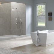 This shower was designed by Toto USA Inc. bathroom, floor, flooring, interior design, plumbing fixture, product design, tile, gray