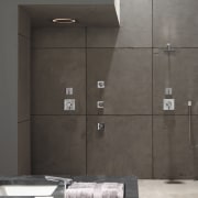 This shower was designed by Toto USA Inc. bathroom, floor, glass, plumbing fixture, shower, tile, wall, gray, black