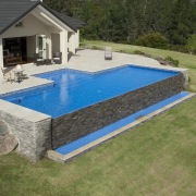 This is a view of the pool designed backyard, grass, leisure, property, real estate, swimming pool, yard, brown