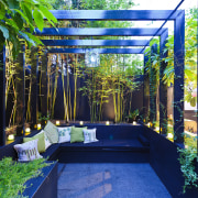 Dark finishings contrast with the various plants in backyard, garden, grass, green, leaf, majorelle blue, plant, tree, blue