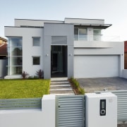 View of house from roadside. - View of architecture, building, elevation, facade, home, house, property, real estate, residential area, white, gray