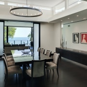 View of dining area in a 1970's house ceiling, dining room, interior design, real estate, room, window, gray, black