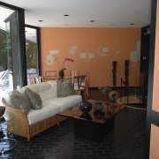 View of living area in a 1970's house apartment, architecture, house, interior design, living room, property, real estate, room, black